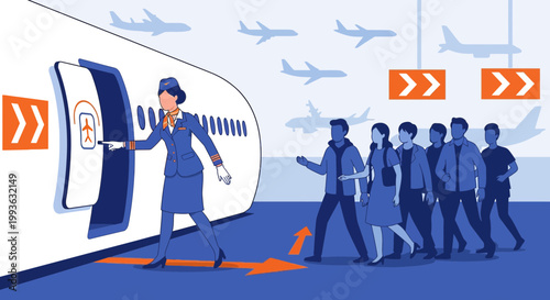 Airplane Boarding: Passengers Queue for Flight with Flight Attendant Guiding