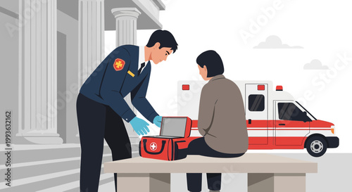 Paramedic Provides Aid to Patient Near Ambulance Outside Building, Emergency Medical Care