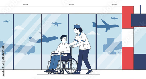 Airport Assistance: Nurse Pushing Wheelchair Passenger Towards Airplane Gate