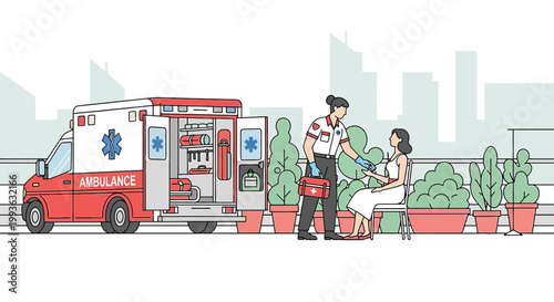 Paramedic Provides Aid to Patient on Rooftop Garden Next to Ambulance