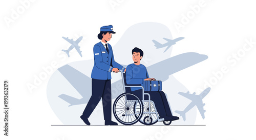 Airport Assistance: Staff Member Pushing Person in Wheelchair with Airplanes Background