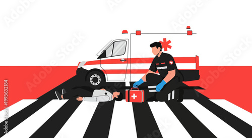 Paramedic provides emergency aid to injured person on crosswalk with ambulance nearby