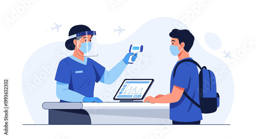 Airport Health Screening: Temperature Check for Traveler with Face Mask and Shield