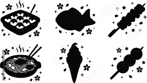 Japanese street food icons with steaming bowls and skewers