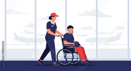 Airport helper assists passenger in wheelchair, travel assistance, accessibility concept