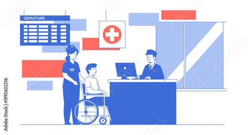 Airport Medical Assistance: Patient in Wheelchair with Nurse and Receptionist