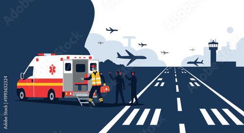 Airport Medical Emergency: Ambulance and Rescuer on Runway with Airplanes