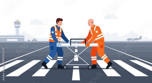 Airport Medical Team Transporting Patient on Stretcher on Runway