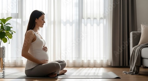 Pregnant woman meditating in living room.