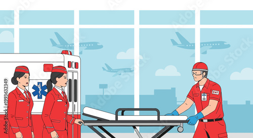Airport Medical Team with Ambulance and Stretcher, Airplanes in Background