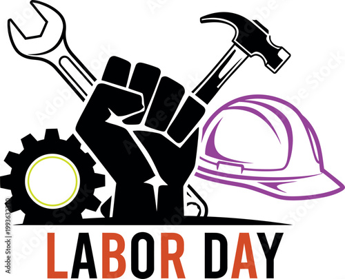 A clenched fist holding tools with a helmet and gears below