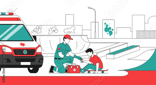 Paramedic provides first aid to injured skateboarder near ambulance at skatepark