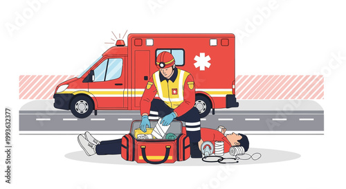 Paramedic provides first aid to injured person next to ambulance, emergency medical services