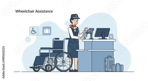 Airport Staff Assists Passenger with Wheelchair and Luggage at Check-in Counter