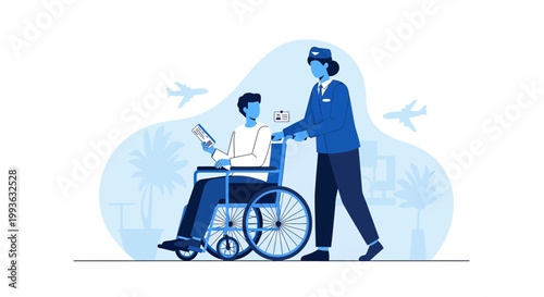 Airport Staff Assists Passenger in Wheelchair, Travel Accessibility, Helping Hand