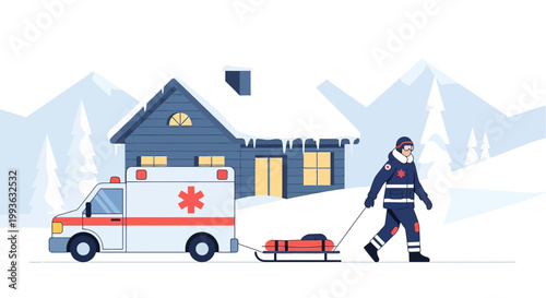 Paramedic pulls sled with stretcher towards snow-covered house with ambulance