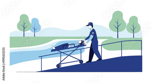 Paramedic Pushes Patient on Stretcher Up Ramp, Emergency Medical Services, Healthcare Transport