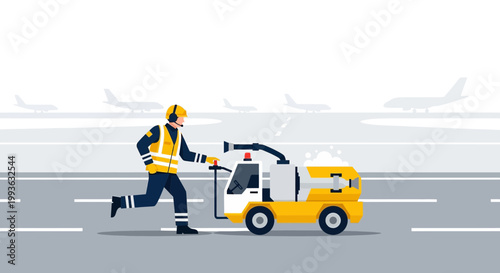 Airport worker with de-icing vehicle on runway, aircraft in background, winter service