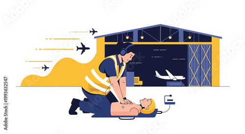 Airport worker performs CPR on a dummy near a hangar with planes flying