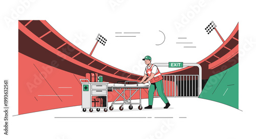 Paramedic pushes stretcher near stadium exit with emergency medical equipment