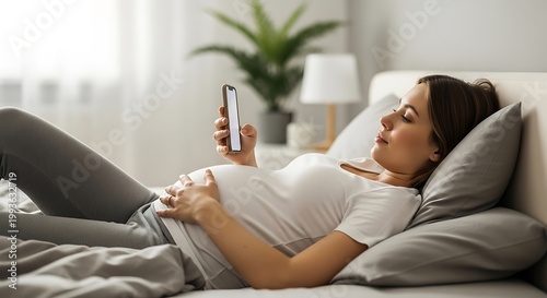 Pregnant woman relaxing on bed with phone.