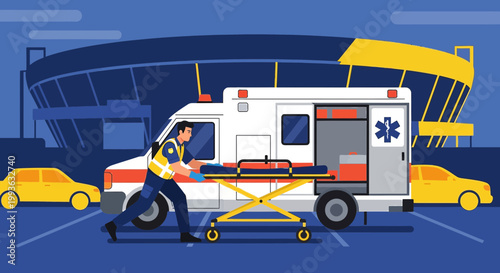 Paramedic Pushing Stretcher Towards Ambulance Outside Stadium, Emergency Medical Services
