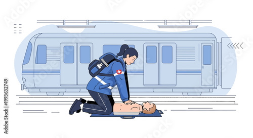 Paramedic performs CPR on dummy near train, emergency medical training illustration