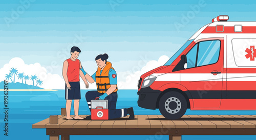 Paramedic Provides Aid to Boy on Dock Near Ambulance, Tropical Island Background