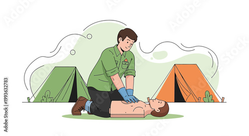 Paramedic performs CPR on mannequin during outdoor training with tents