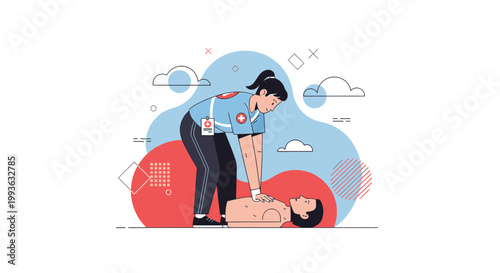 Paramedic Performs CPR on Manikin, Medical Emergency Training, First Aid Illustration