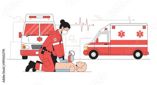 Paramedic Performs CPR on Mannequin Beside Ambulance, Emergency Medical Services