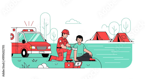 Paramedic Provides Aid to Injured Person Near Ambulance and Tents at Campsite