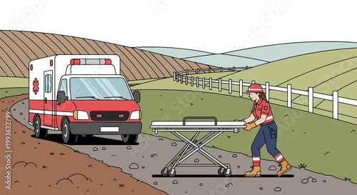 Paramedic Pushing Stretcher Towards Ambulance on Rural Road