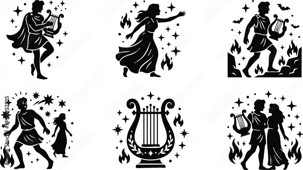 Fototapeta premium Black silhouette scenes of orpheus and eurydice with lyre flames and bats vector art