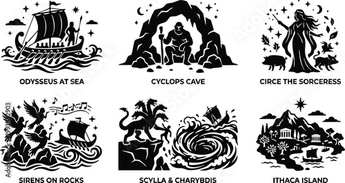 Odysseus at sea and mythical greek creatures scenes
