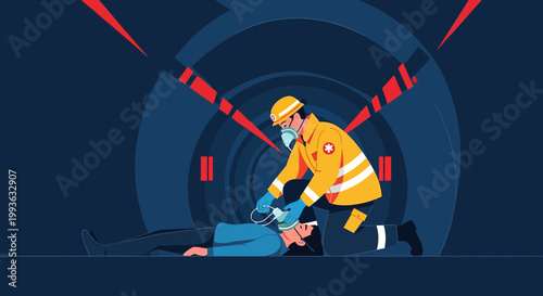 Paramedic performs CPR on patient in tunnel, emergency rescue, life saving