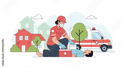 Paramedic Performs CPR on Patient Next to Ambulance, Emergency Medical Services