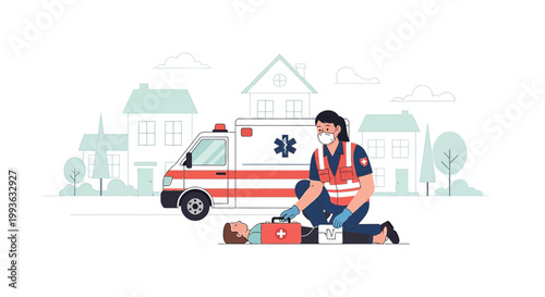 Paramedic performs CPR on patient near ambulance, emergency medical services, healthcare concept