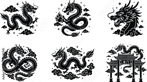Black and white chinese dragon illustrations with clouds and traditional archway vector art
