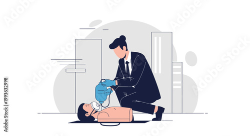 Paramedic performs CPR on patient with AED, city skyline background