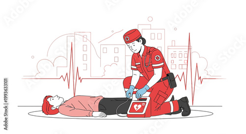 Paramedic performs CPR with AED on patient, emergency medical care in city