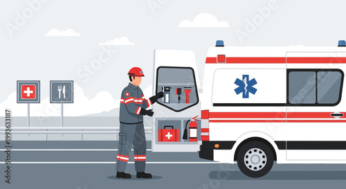 Paramedic prepares medical equipment from ambulance for emergency response