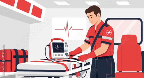 Paramedic prepares medical equipment in ambulance with patient stretcher and monitor