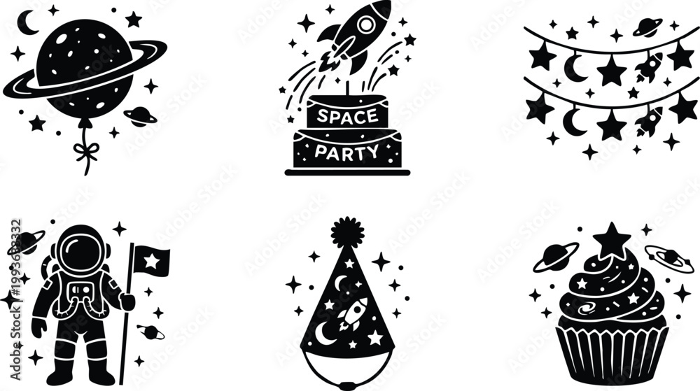 Fototapeta premium Black and white space party icons with rocket astronaut cupcake and decorations vector art