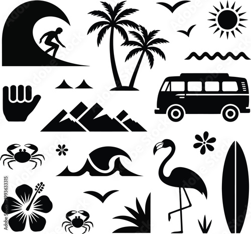 Tropical beach vacation including surfer van flamingo and palm trees
