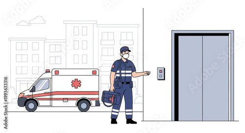 Paramedic Presses Elevator Button Next to Ambulance Outside Building