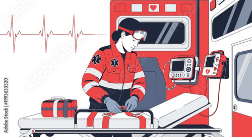 Paramedic preparing stretcher inside ambulance with EKG and defibrillator