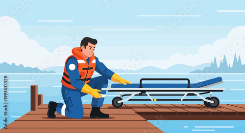 Paramedic preparing stretcher on dock for water rescue or patient transport