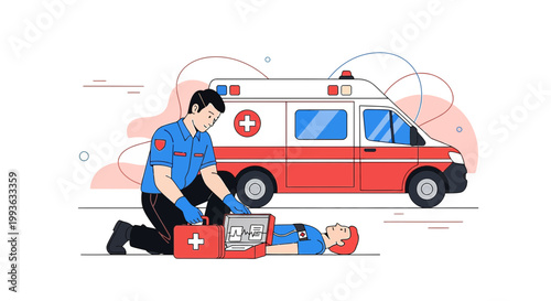 Paramedic Performs CPR Next to Ambulance, Emergency Medical Service