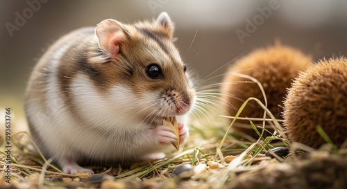Adorable Dwarf Hamster Eating a Seed in a Natural Outdoor Setting with Chestnuts